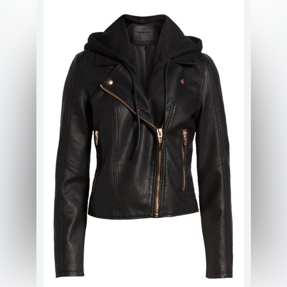 Blank NYC black faux leather moto bomber cropped hooded jacket zipper detail - Picture 3 of 12